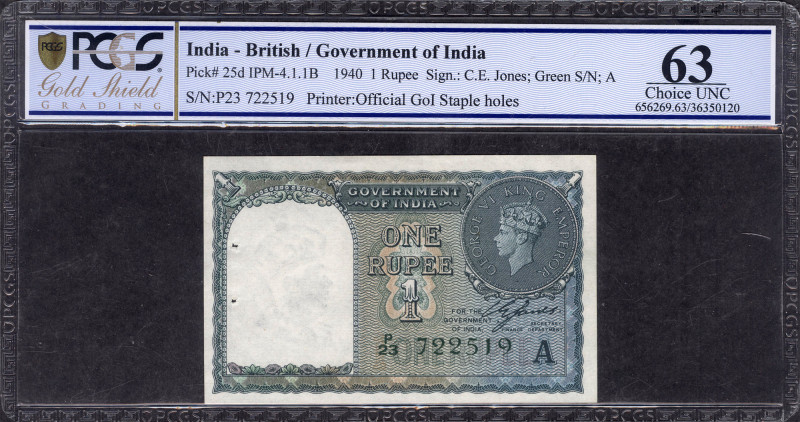 British India, 1944, King George VI, 1 Rupee, Signed by C.E. Jones, Serial numbe...