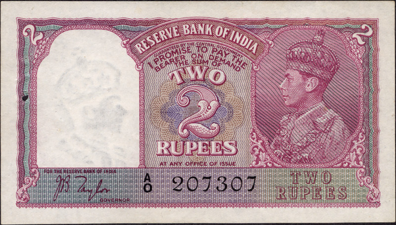 British India, 1943, King George VI, 2 Rupees, Signed by J.B. Taylor, Serial num...