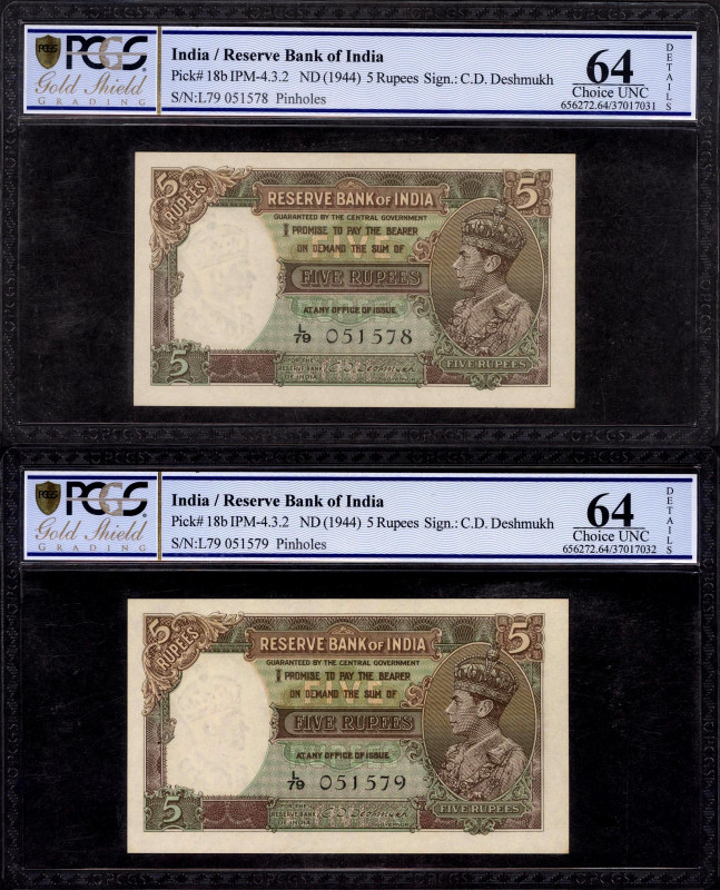 British India, 1944, King George VI, 5 Rupees (2), Consecutive Pair, Signed by C...