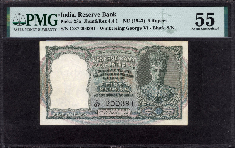 British India, 1944, King George VI, 5 Rupees, Signed by C.D. Deshmukh, Serial n...