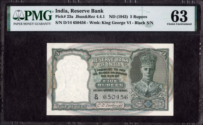 British India, 1944, King George VI, 5 Rupees, Signed by C.D. Deshmukh, Serial n...