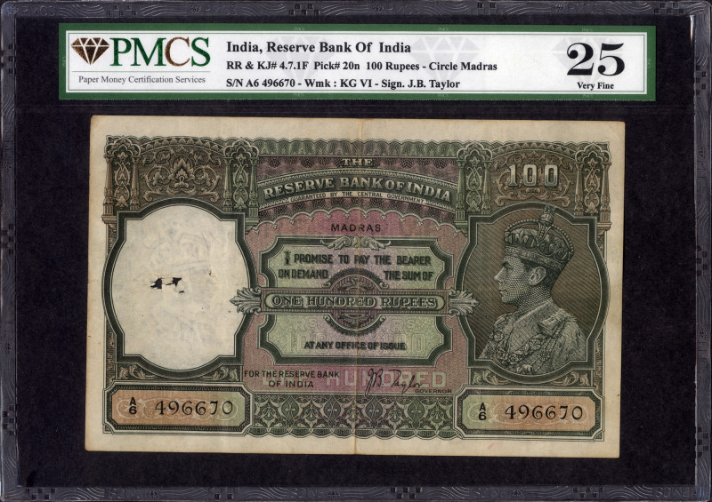 British India, 1938, King George VI, 100 Rupees, Madras Circle, Signed by J B Ta...