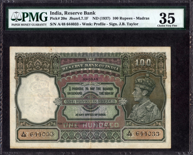 British India, 1938, King George VI, 100 Rupees, Madras Circle, Signed by J B Ta...