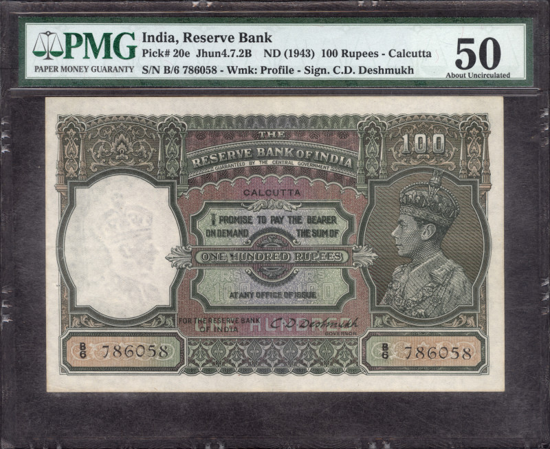 British India, 1938, King George VI, 100 Rupees, Calcutta Circle, Signed by C.D....