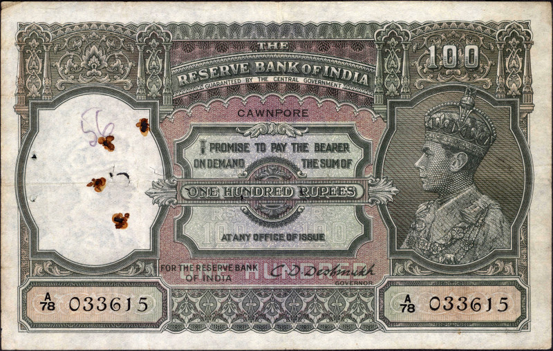 British India, 1938, King George VI, 100 Rupees, Cawnpore Circle, Signed by C. D...