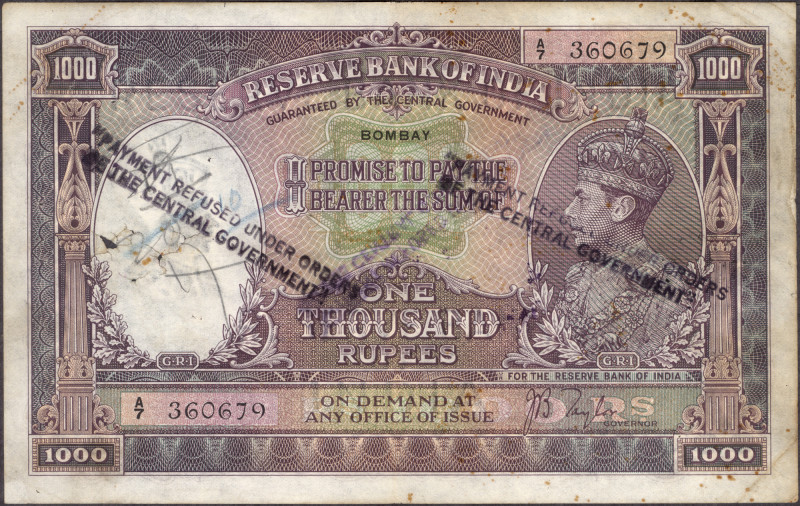 British India, 1938, King George VI, 1000 Rupees, Bombay Circle, Signed by J.B. ...