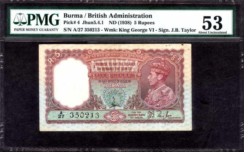 British India, 1938, King George VI, 5 Rupees, Signed by J. B. Taylor, Burma - P...