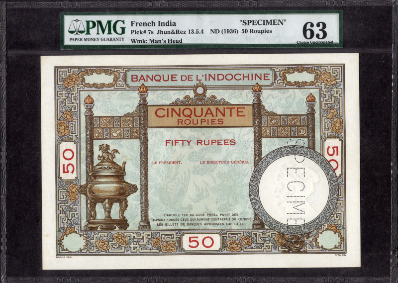 French India, 1936, Cinquante Roupies (50 Rupees), Specimen, Banque de l'Indochi...