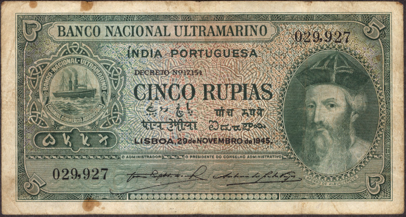 Indo-Portuguese, 1945, 5 (Cinco) Rupias, Banco Nacional Ultramarino, 6th Issue, ...