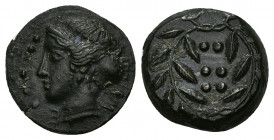 GRECIA ANTIGUA. SICILIA. HIMERA. Hemilitra (c. 413-408 a.C.). A/ Cabeza femenina a izq., debajo M-E. R/ Corona de laurel, dentro 6 glóbulos. AE 3,66 g...