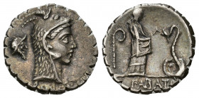 REPÚBLICA ROMANA. ROSCIA. L. Roscius Fabatus. Denario serrato. Roma (64 a.C.). A/ Cabeza de Juno Sospita a der., debajo L ROSCI, detrás símbolo máscar...