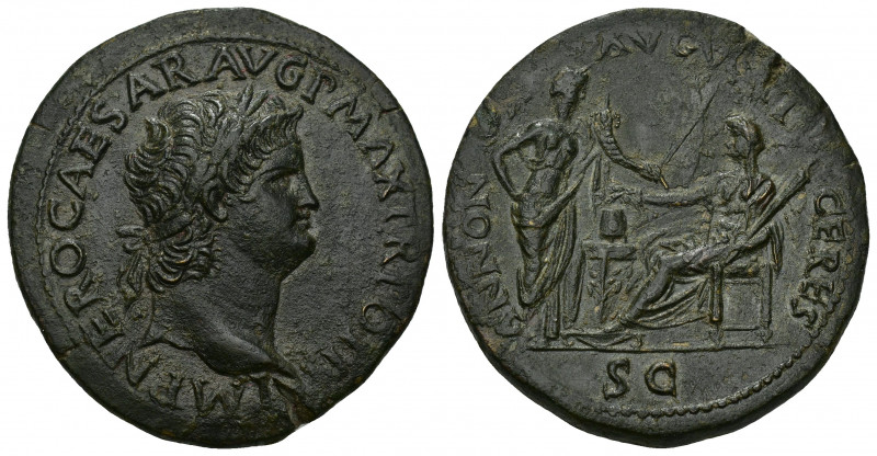 IMPERIO ROMANO. NERÓN. Sestercio. Lugdunum (62-68 d.C.). A/ Cabeza laureada a de...