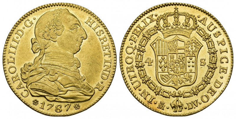 CARLOS III. 4 escudos. 1787. Madrid. DV. AU 13,48 g. 29,2 mm. VI-1471. B.O. EBC+...