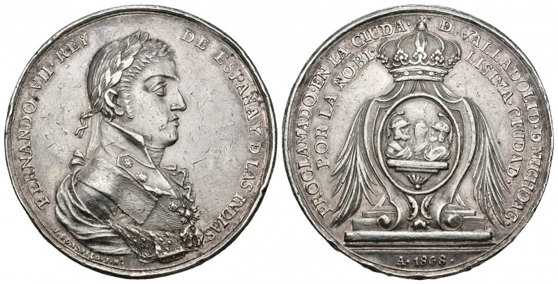 FERNANDO VII. Medalla. 1808. Proclamación en Valladolid de Michoacán. Grabador: ...