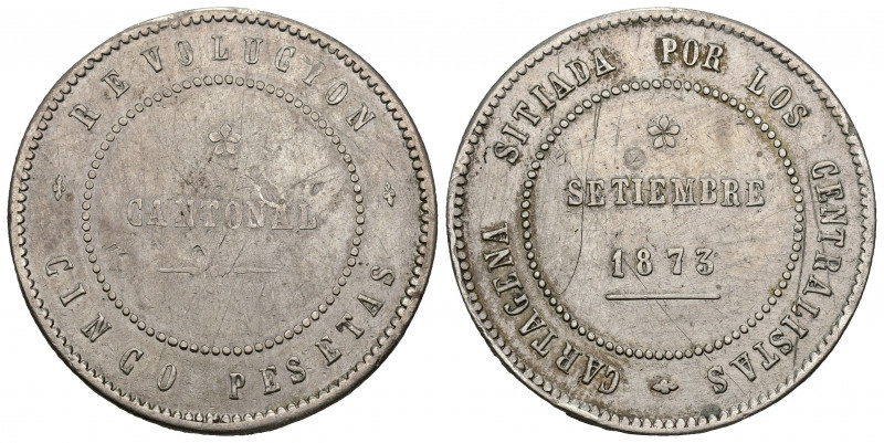 REVOLUCIÓN CANTONAL. 5 pesetas. 1873. Cartagena. Rev. no coincidente sobre eje h...