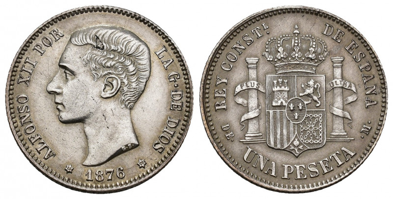 ALFONSO XII. 1 peseta. 1876 *18-76. Madrid. DEM. AR 4,84 g. 23 mm. VII-57. Hojit...