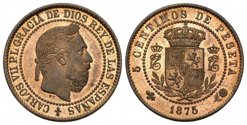 CARLOS VII PRETENDIENTE. 5 céntimos. 1875. Bruselas. Rev. girado 180º sobre eje ...