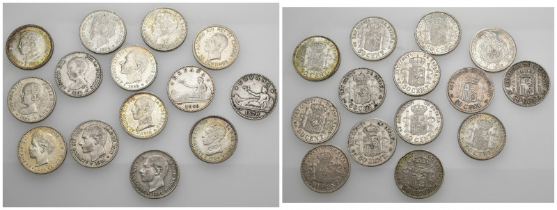 ALFONSO XIII. Colección de 50 céntimos: 1869, 1870, 1880, 1881, 1885, 1889, 1892...