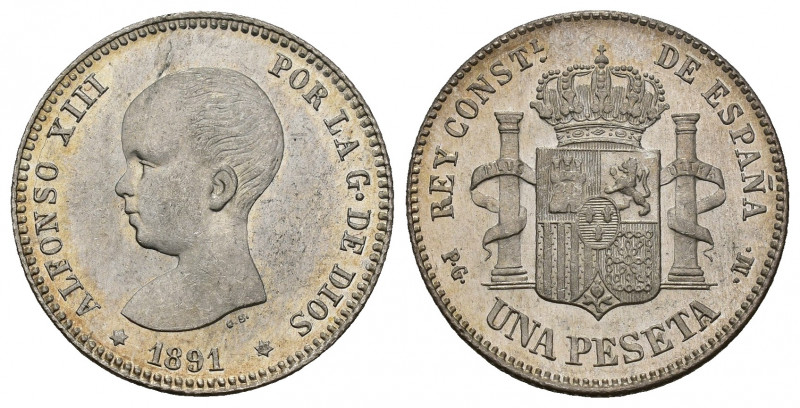 ALFONSO XIII. 1 peseta. 1891 *-91. Madrid. PGM. AR 4,93 g. 22,9 mm. VII-151. B.O...