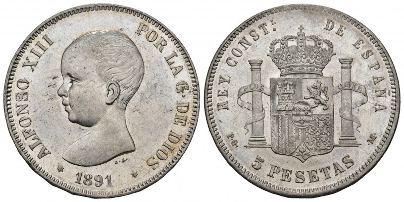 ALFONSO XIII. 5 pesetas. 1891 *18-91. Madrid. PGM. AR 24,84 g. 37,3 mm. VII-182....