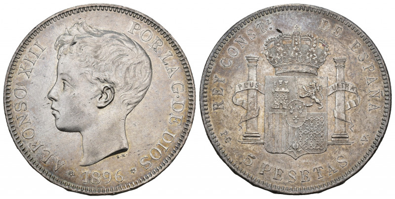 ALFONSO XIII. 5 pesetas. 1896 *18-96. Madrid. PGV. AR 24,86 g. 37,3 mm. VII-188....