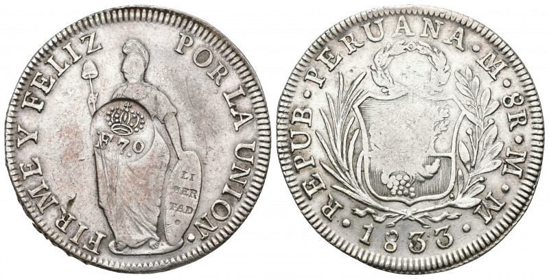 MONEDAS EXTRANJERAS. FILIPINAS. Resello F 7º coronadas sobre 8 reales 1833 Lima ...