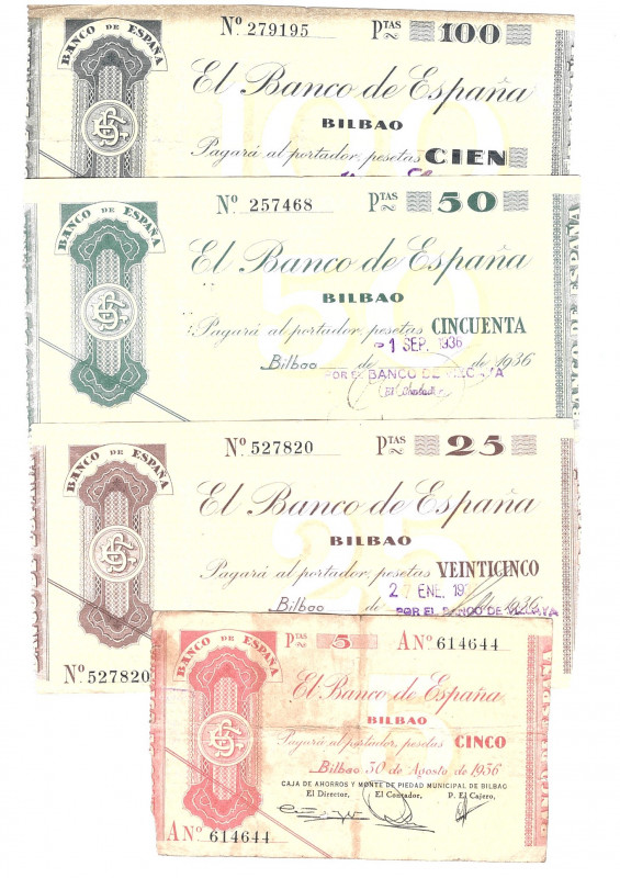 BILLETES ESPAÑOLES. Banco de España en Bilbao. Serie de 4 billetes. 1936-1937. E...