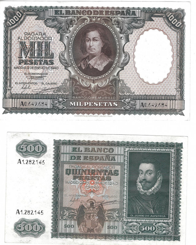 BILLETES ESPAÑOLES. Lote de 2 billetes: 500 y 1000 pts. 1-1940. Serie A. ED-D 40...