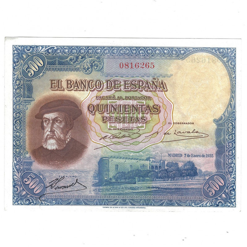 BILLETES ESPAÑOLES. 500 pts. 1-1935. Sin serie. ED-C 16. Con apresto. EBC.