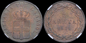 GREECE: 2 Lepta (1832) (type I) in copper with Royal coat of arms and inscription "ΒΑΣΙΛΕΙΑ ΤΗΣ ΕΛΛΑΔΟΣ". Inside slab by NGC "MS 64 BN". Cert number: ...