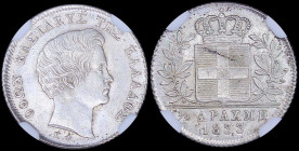 GREECE: 1/4 Drachma (1833) (type I) in silver (0,900) with head of King Otto facing right and inscription "ΟΘΩΝ ΒΑΣΙΛΕΥΣ ΤΗΣ ΕΛΛΑΔΟΣ". Inside slab by ...