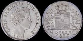 GREECE: 1/2 Drachma (1833) (type I) in silver (0,900) with head of King Otto facing right and inscription "ΟΘΩΝ ΒΑΣΙΛΕΥΣ ΤΗΣ ΕΛΛΑΔΟΣ". Inside slab by ...