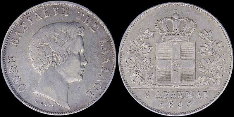 GREECE: 5 Drachmas (1833) (type I) in silver (0,900) with head of King Otto faci...