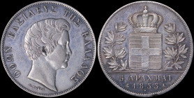 GREECE: 5 Drachmas (1833 A) (type I) in silver (0,900) with head of King Otto facing right and inscription "ΟΘΩΝ ΒΑΣΙΛΕΥΣ ΤΗΣ ΕΛΛΑΔΟΣ". Polished and s...