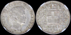 GREECE: 1/4 Drachma (1834 A) (type I) in silver (0,900) with head of King Otto facing right and inscription "ΟΘΩΝ ΒΑΣΙΛΕΥΣ ΤΗΣ ΕΛΛΑΔΟΣ". Inside slab b...