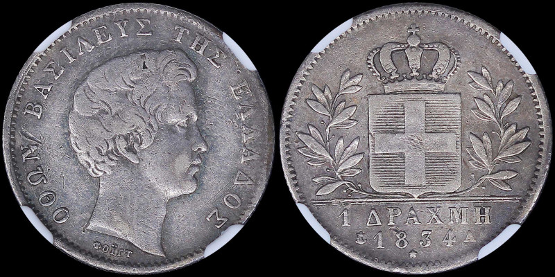 GREECE: 1 Drachma (1834 A) (type I) in silver (0,900) with head of King Otto fac...