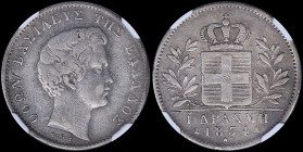 GREECE: 1 Drachma (1834 A) (type I) in silver (0,900) with head of King Otto facing right and inscription "ΟΘΩΝ ΒΑΣΙΛΕΥΣ ΤΗΣ ΕΛΛΑΔΟΣ". Inside slab by ...