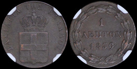 GREECE: 1 Lepton (1839) (type I) in copper with Royal coat of arms and inscription "ΒΑΣΙΛΕΙΑ ΤΗΣ ΕΛΛΑΔΟΣ". Inside slab by NGC "MS 61 BN". Cert number:...