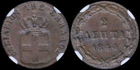 GREECE: 2 Lepta (1844) (type II) in copper with Royal coat of arms and inscription "ΒΑΣΙΛΕΙΟΝ ΤΗΣ ΕΛΛΑΔΟΣ". Inside slab by NGC "AU 58 BN". Cert number...