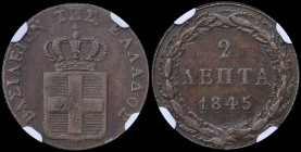 GREECE: 2 Lepta (1845) (type II) in copper with Royal coat of arms and inscription "ΒΑΣΙΛΕΙΟΝ ΤΗΣ ΕΛΛΑΔΟΣ". Inside slab by NGC "AU 53 BN". Cert number...