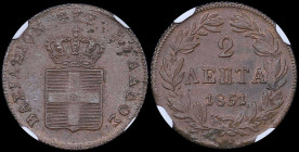 GREECE: 2 Lepta (1851) (type IV) in copper with Royal coat of arms and inscription "ΒΑΣΙΛΕΙΟΝ ΤΗΣ ΕΛΛΑΔΟΣ". Inside slab by NGC "MS 64 BN". Top pop in ...