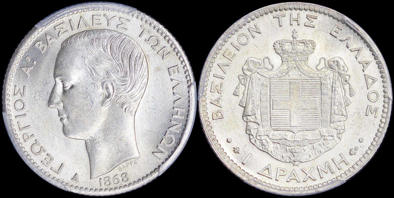GREECE: 1 Drachma (1868 A) (type I) in silver (0,835) with head of King George I...