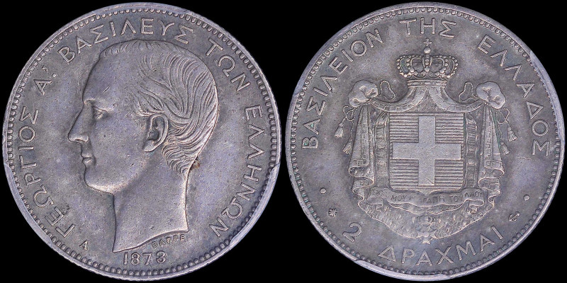 GREECE: 2 Drachmas (1873 A) (type I) in silver (0,835) with head of King George ...