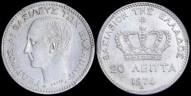 GREECE: 20 Lepta (1874 A) (type I) in silver (0,835) with head of King George I facing left and inscription "ΓΕΩΡΓΙΟΣ Α! ΒΑΣΙΛΕΥΣ ΤΩΝ ΕΛΛΗΝΩΝ". Inside...