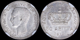 GREECE: 50 Lepta (1874 A) (type I) in silver (0,835) with head of King George I facing left and inscription "ΓΕΩΡΓΙΟΣ Α! ΒΑΣΙΛΕΥΣ ΤΩΝ ΕΛΛΗΝΩΝ". Inside...