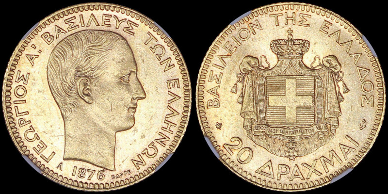 GREECE: 20 Drachmas (1876 A) (type I) in gold (0,900) with head of King George I...