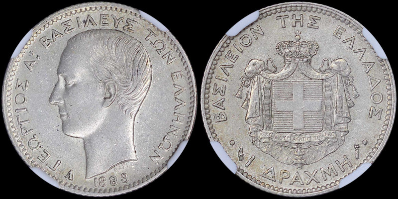 GREECE: 1 Drachma (1883 A) (type I) in silver (0,835) with head of King George I...