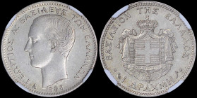 GREECE: 1 Drachma (1883 A) (type I) in silver (0,835) with head of King George I facing left and inscription "ΓΕΩΡΓΙΟΣ Α! ΒΑΣΙΛΕΥΣ ΤΩΝ ΕΛΛΗΝΩΝ". Insid...