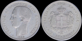 GREECE: 2 Drachmas (1883 A) (type I) in silver (0,835) with head of King George I facing left and inscription "ΓΕΩΡΓΙΟΣ Α! ΒΑΣΙΛΕΥΣ ΤΩΝ ΕΛΛΗΝΩΝ". Insi...