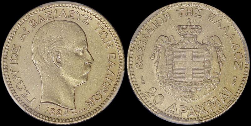 GREECE: 20 Drachmas (1884 A) (type II) in gold (0,900) with mature head of King ...